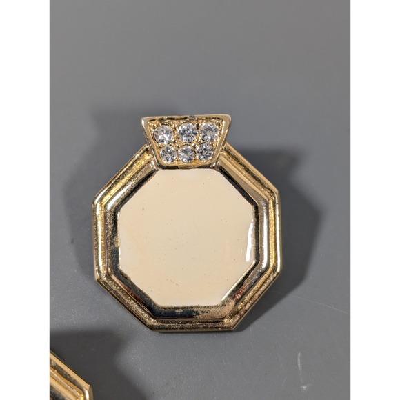 Vintage Gold Tone Octagon Earrings Cream Enamel Rhinestone Geometric (READ) - Picture 2 of 7